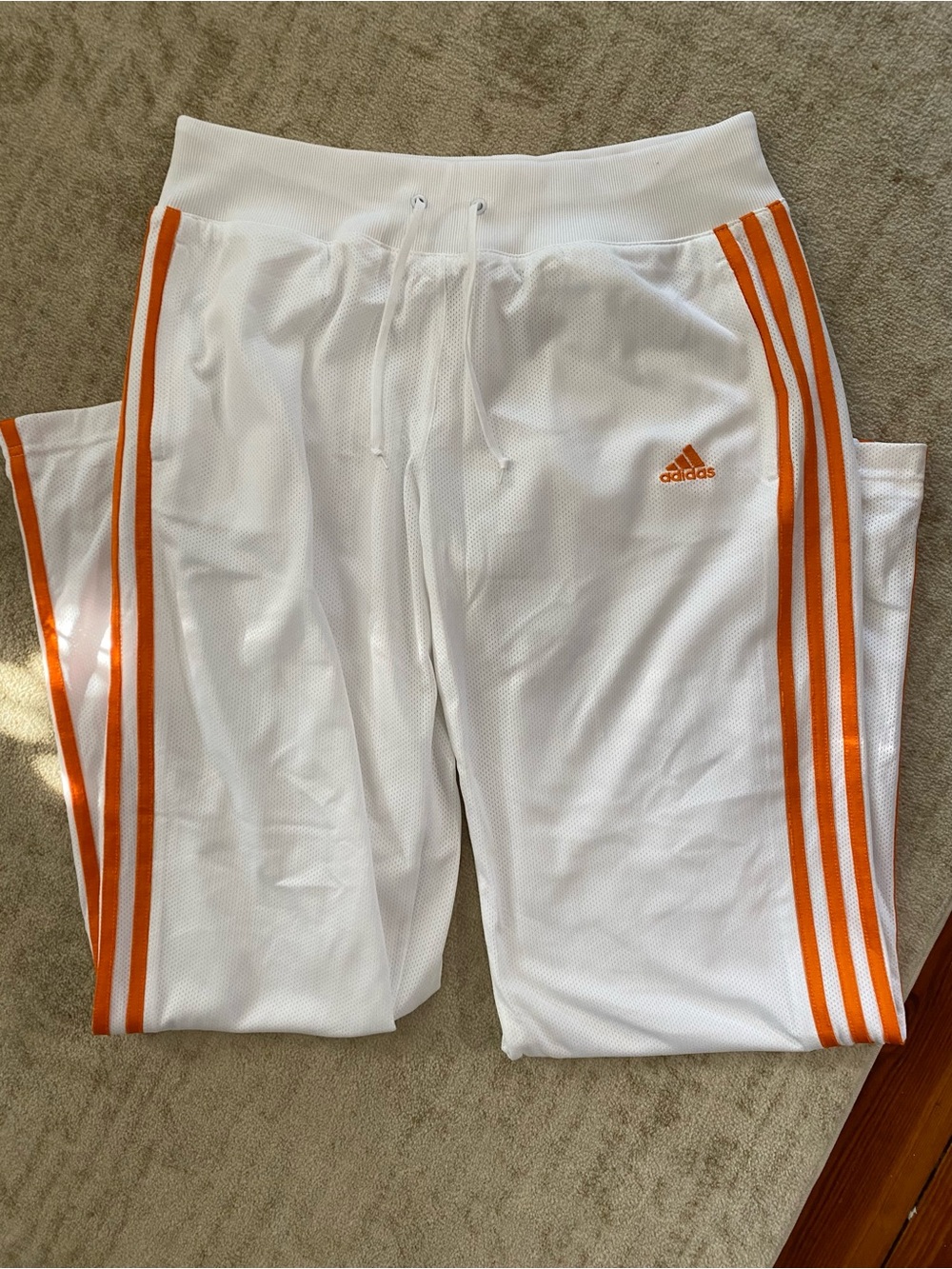 Adidas White Mesh Track Pants with Orange Side Stripes